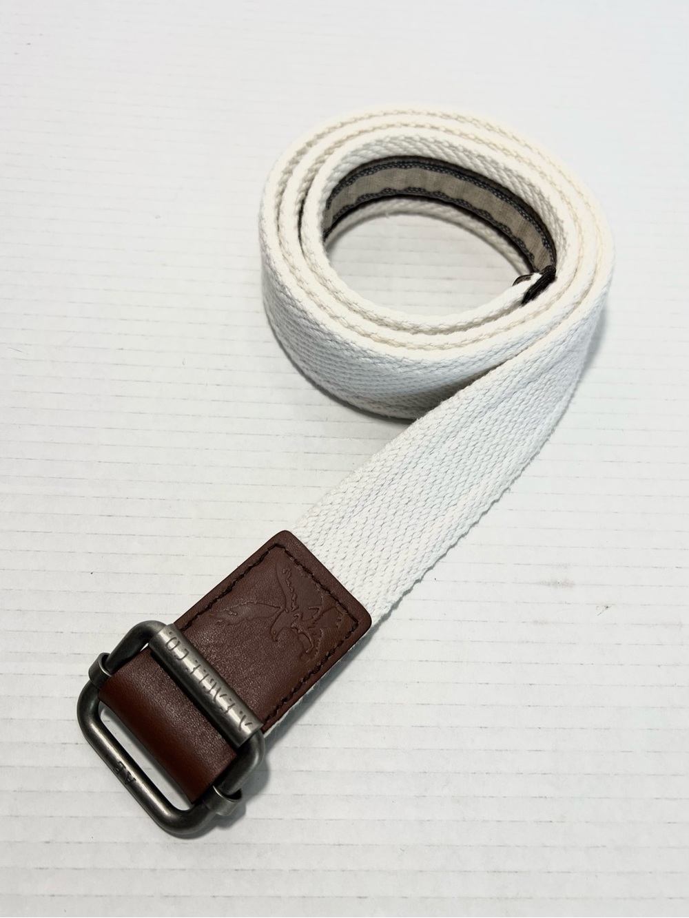 American Eagle Reversible Canvas Belt White Beige Brown Leather Trim 44 Preppy